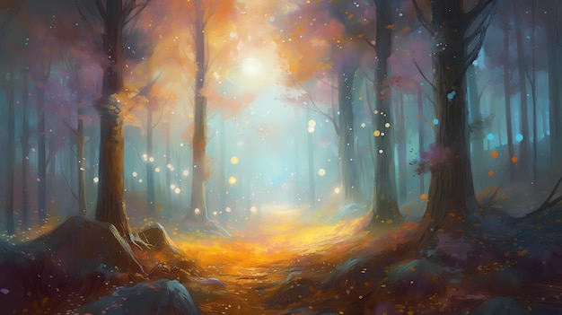 A mystical and enchanting scene of heavenly forest digital art illustration