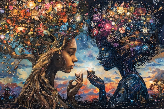 Mystical Encounter Between Celestial Woman and Nature Spirit in Starry Universe with Blossoming Tree