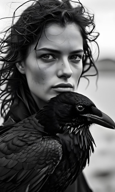 Photo mystical encounter a crow and a brunette