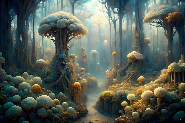 Photo a mystical fairytale forest path through giant mushroom trees