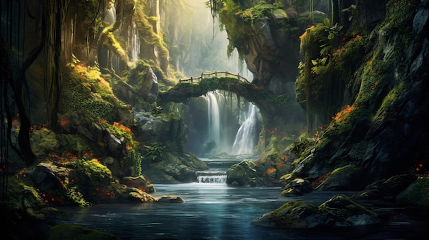 a mystical fantasy waterfall hidden deep in a magica