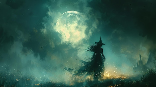 Mystical figure in cloak under a full moon with eerie green night sky concept for fantasy or Halloween themes