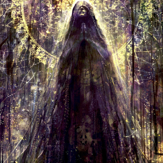 Photo mystical figure in glowing forest scene abstract art with dark tones and golden lights ideal for fantasy lovers and book covers this image combines spirituality and mystery ai