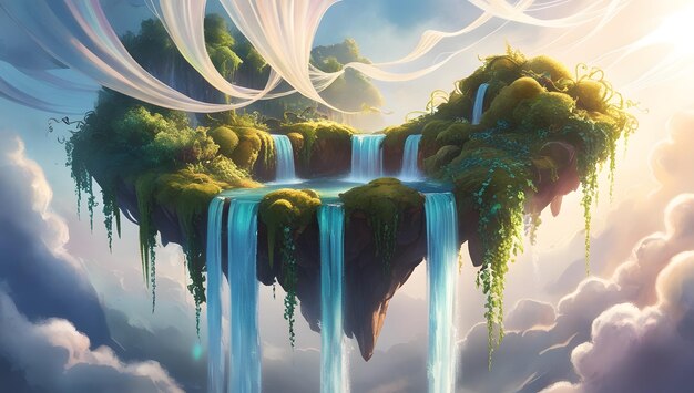 Mystical Floating Island with Cascading Waterfalls and Lush Greenery