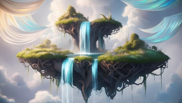 Mystical Floating Island with Cascading Waterfalls and Lush Greenery