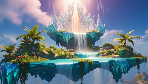 Mystical Floating Island with Cascading Waterfalls and Lush Greenery