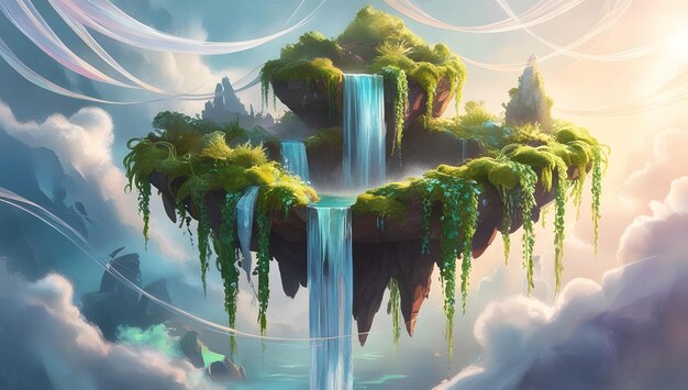 Mystical Floating Island with Cascading Waterfalls and Lush Greenery