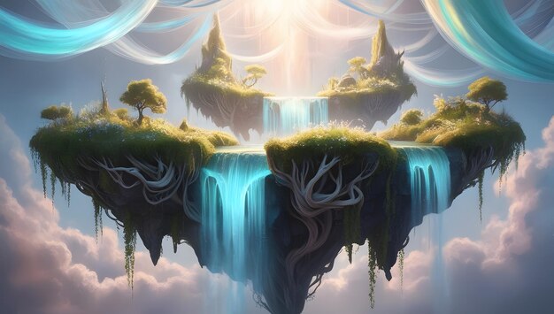 Mystical Floating Island with Cascading Waterfalls and Lush Greenery