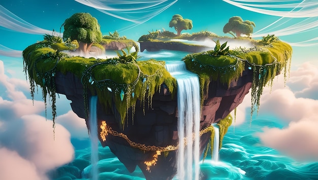 Mystical Floating Island with Cascading Waterfalls and Lush Greenery