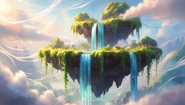 Mystical Floating Island with Cascading Waterfalls and Lush Greenery