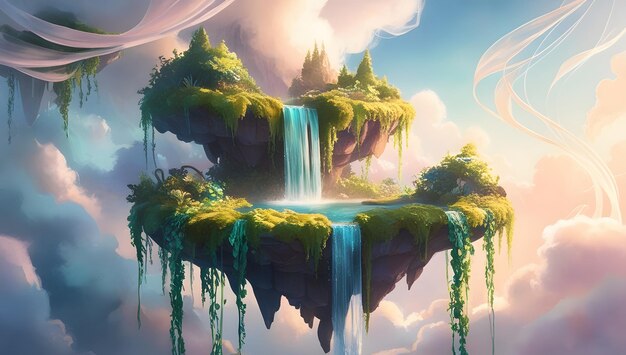 Mystical Floating Island with Cascading Waterfalls and Lush Greenery