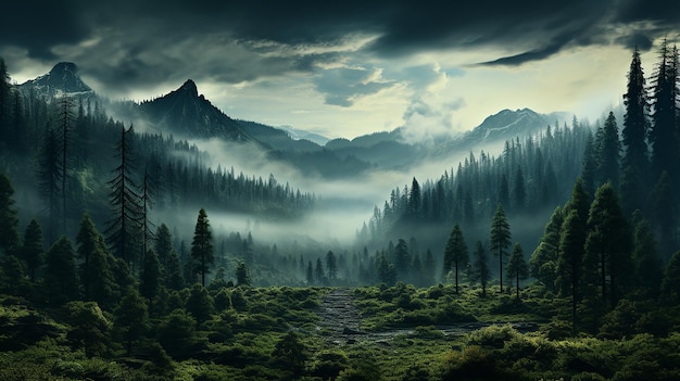 Photo mystical fog among california's towering sequoias