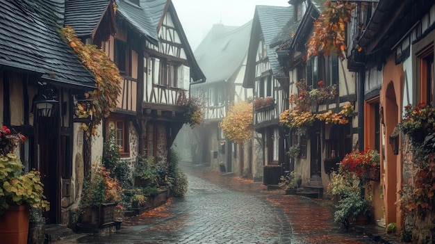 Mystical Foggy Street in a German Village