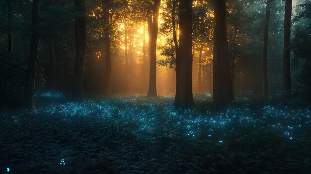 Photo mystical forest clearing with bioluminescent plants at twilight and ancient trees ai generated illustration