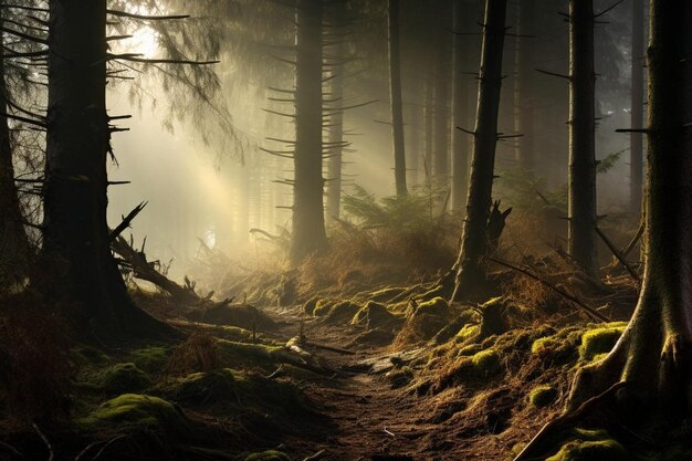 Mystical Forest Clearing with Fog Simple beautiful background wallpaper