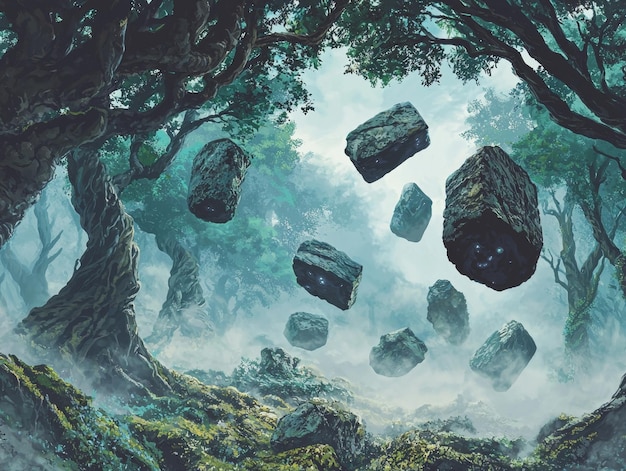 Photo mystical forest clearing with levitating rocks in moody ethereal atmosphere