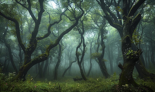 Mystical Forest Enveloped in Fog