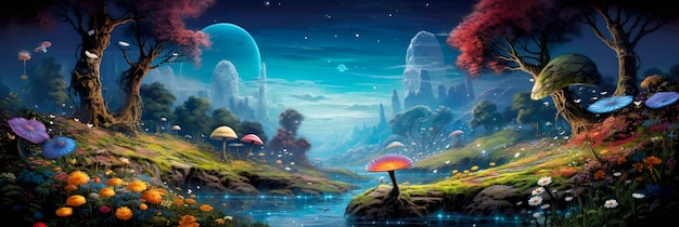 mystical forest filled with colorful flora and fauna inviting viewers into a magical world