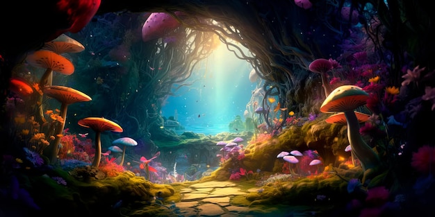 mystical forest filled with colorful flora and fauna inviting viewers into a magical world