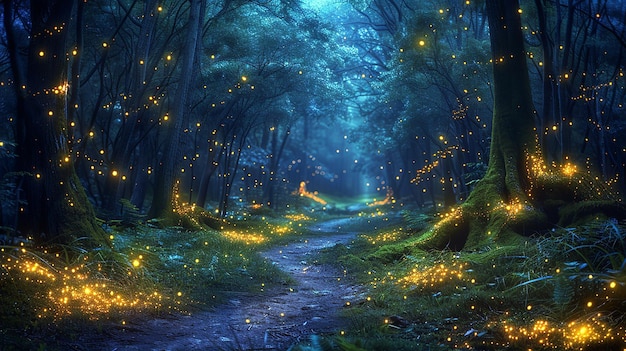 Mystical Forest Illuminated by Fireflies WideAngle View