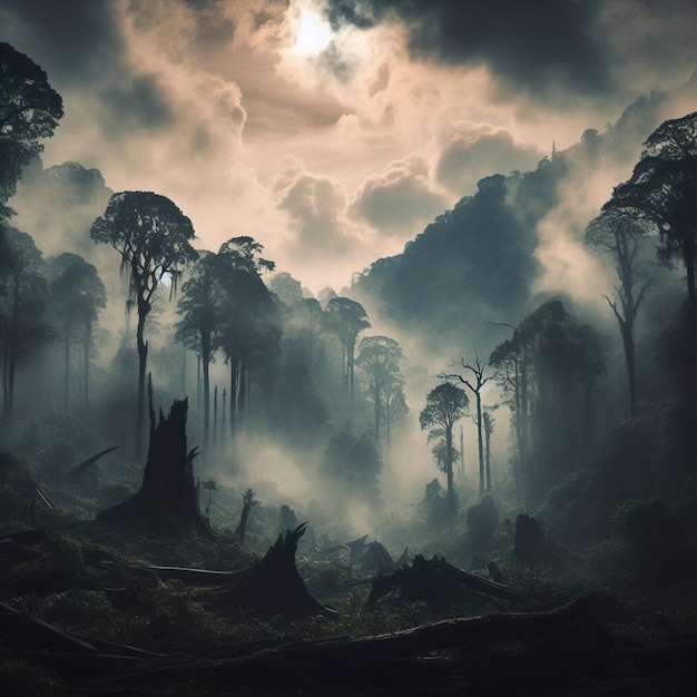 Mystical forest nature landscape with spooky sky