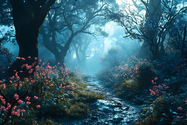 Photo mystical forest path at dawn