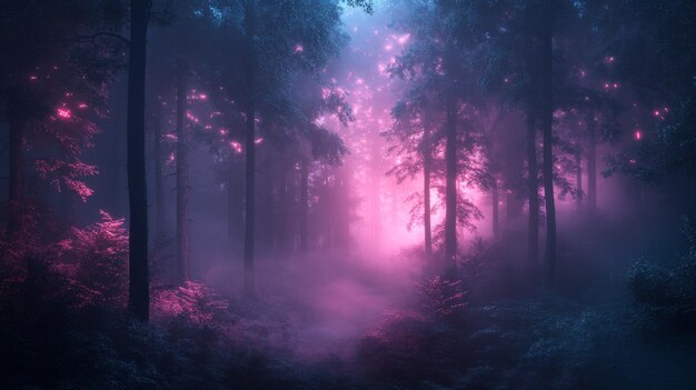 Photo a mystical forest path illuminated by a pink glow