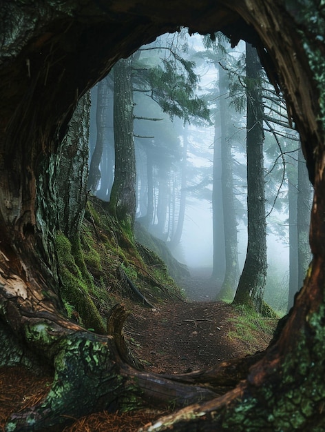 Mystical Forest Path Through Hollow Tree in Foggy Woods