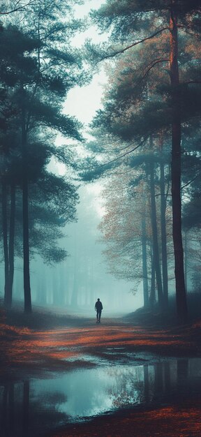 Photo mystical forest pathway solitary figure in foggy landscape