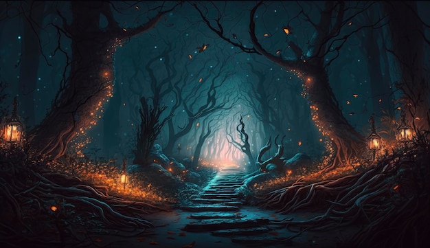 Mystical forest scene at night as digital art Generate Ai