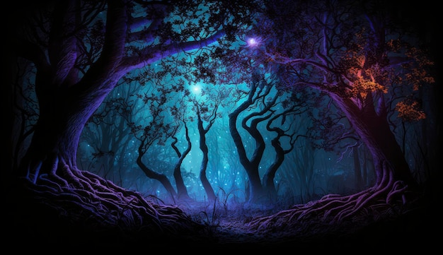 Mystical forest scene at night as digital art Generate Ai