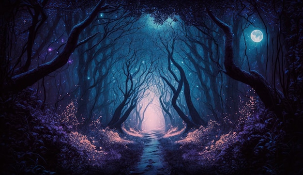 Mystical forest scene at night as digital art Generate Ai