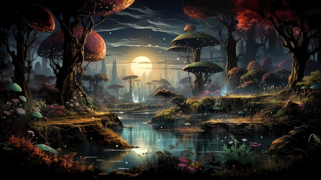 Mystical forest scene with illuminated mushrooms magical castle glowing lights and serene pond reflections