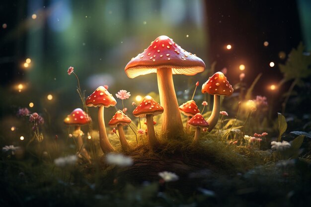 A mystical forest scene with mushrooms glowing in the moonlight