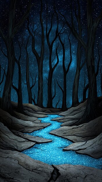 Photo a mystical forest scene with a shimmering blue river winding through dark twisted trees under a starry night sky