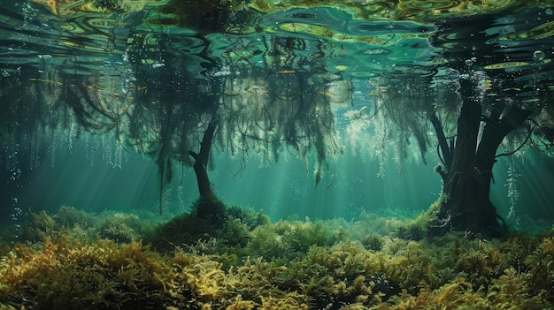 A mystical forest submerged underwater