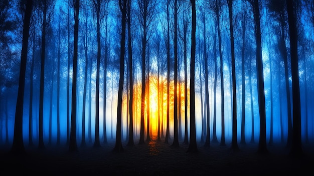 Photo mystical forest sunrise through trees