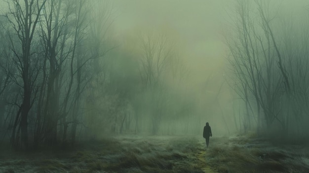 Mystical Forest Trees Shrouded in Morning Mist