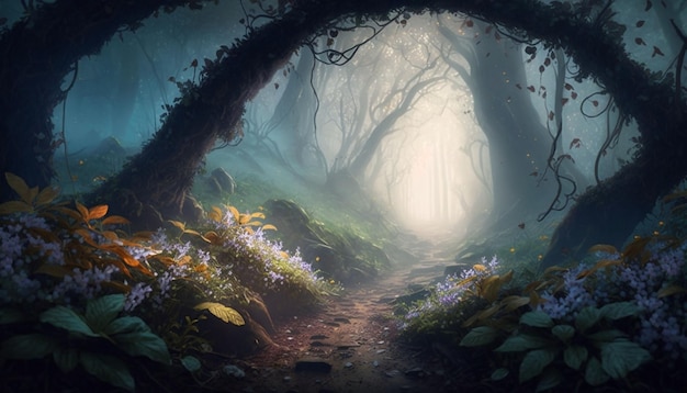 Mystical forest with fog where fairies and elves live Generative AI