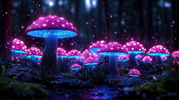 A mystical forest with glowing mushrooms and ancient trees