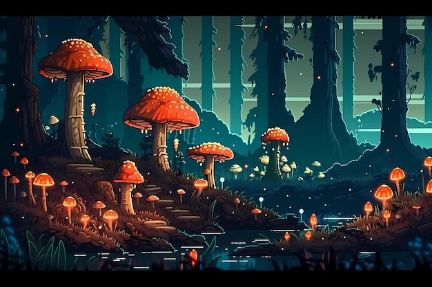 Mystical forest with glowing mushrooms digital art illustration