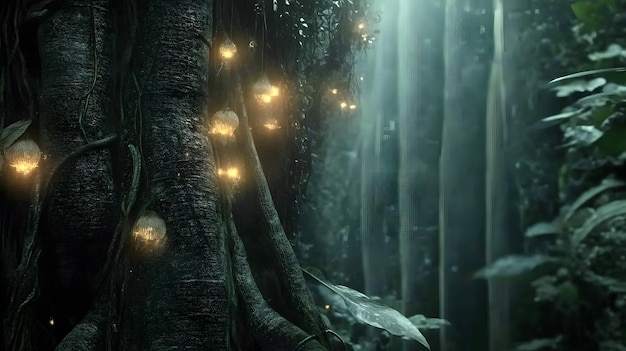 Photo mystical forest with glowing trees and ethereal creatures