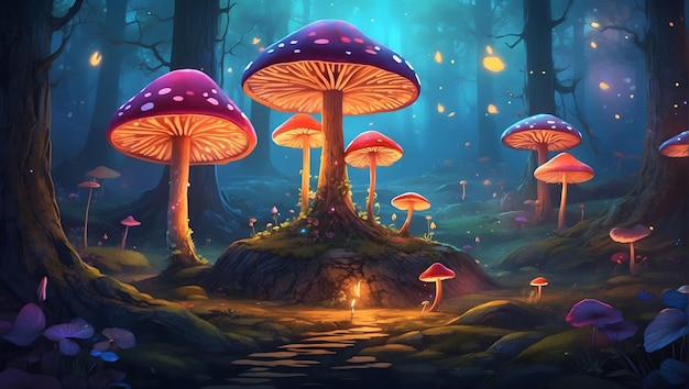 mystical forest with mushroom trees fireflies all around fairyland