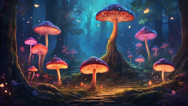 mystical forest with mushroom trees fireflies all around fairyland