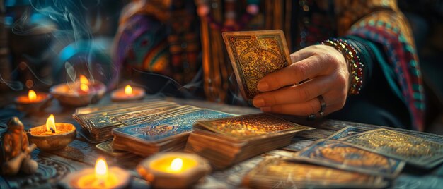 Mystical Fortune Teller Drawing Tarot Card in Enchanted Setting