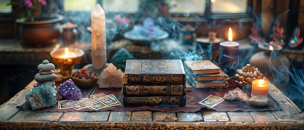 Photo mystical fortune tellers table with tarot cards crystals and ancient books for divination and magic