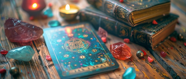 Mystical Fortune Telling Setup with Tarot Cards Crystals and Open Book for Divination and Insight