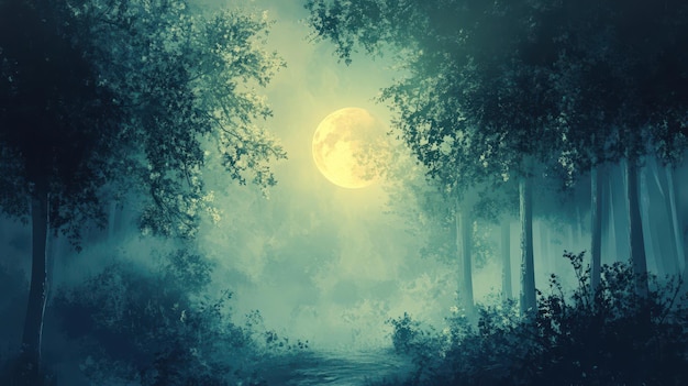 Photo mystical full moon forest path enchanted moonlight landscape with fog trees and a path through