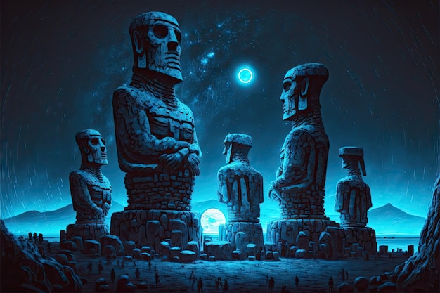 Mystical glowing blue moai statues standing in circle at night created with generative ai