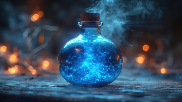 Photo mystical glowing blue potion in glass bottle with swirling vapor